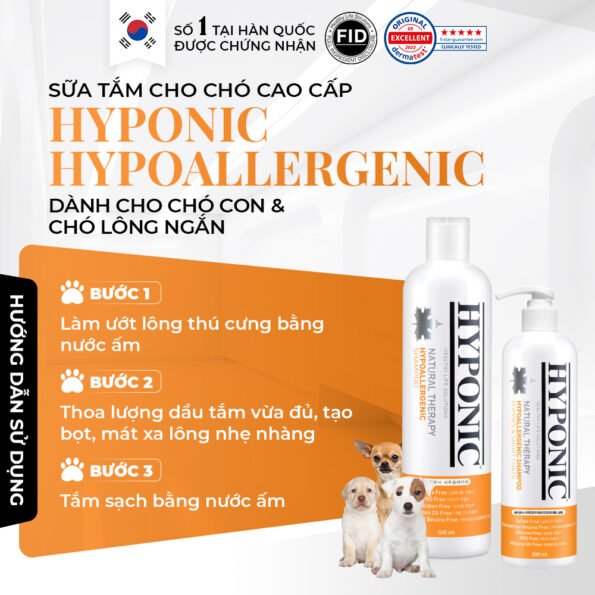 Sữa tắm cho chó cao cấp HYPONIC Hypoallergenic, dành cho chó con & chó lông ngắn