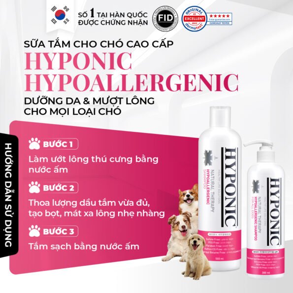 Sữa tắm cho chó cao cấp HYPONIC Hypoallergenic, dưỡng da và làm mượt lông cho mọi loại chó