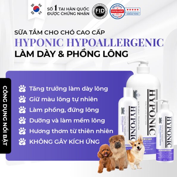 Sữa tắm cho chó cao cấp HYPONIC Hypoallergenic, làm dày & phồng lông