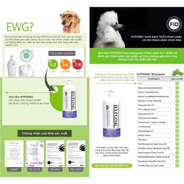 Sữa tắm cho chó cao cấp HYPONIC Hypoallergenic, làm dày & phồng lông