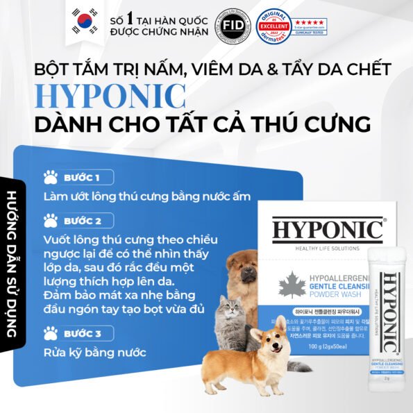 Bột tắm trị nấm, viêm da và tẩy da chết HYPONIC dành cho thú cưng